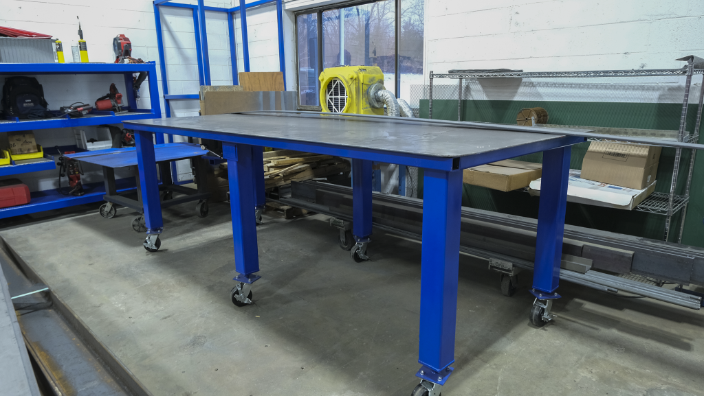 picture of blue worktable in shop